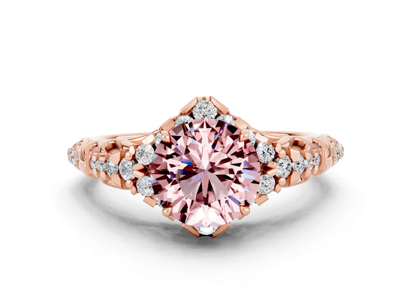 Rose gold Round Cut Morganite Solitaire Ring with Hidden Halo and Pavé Band