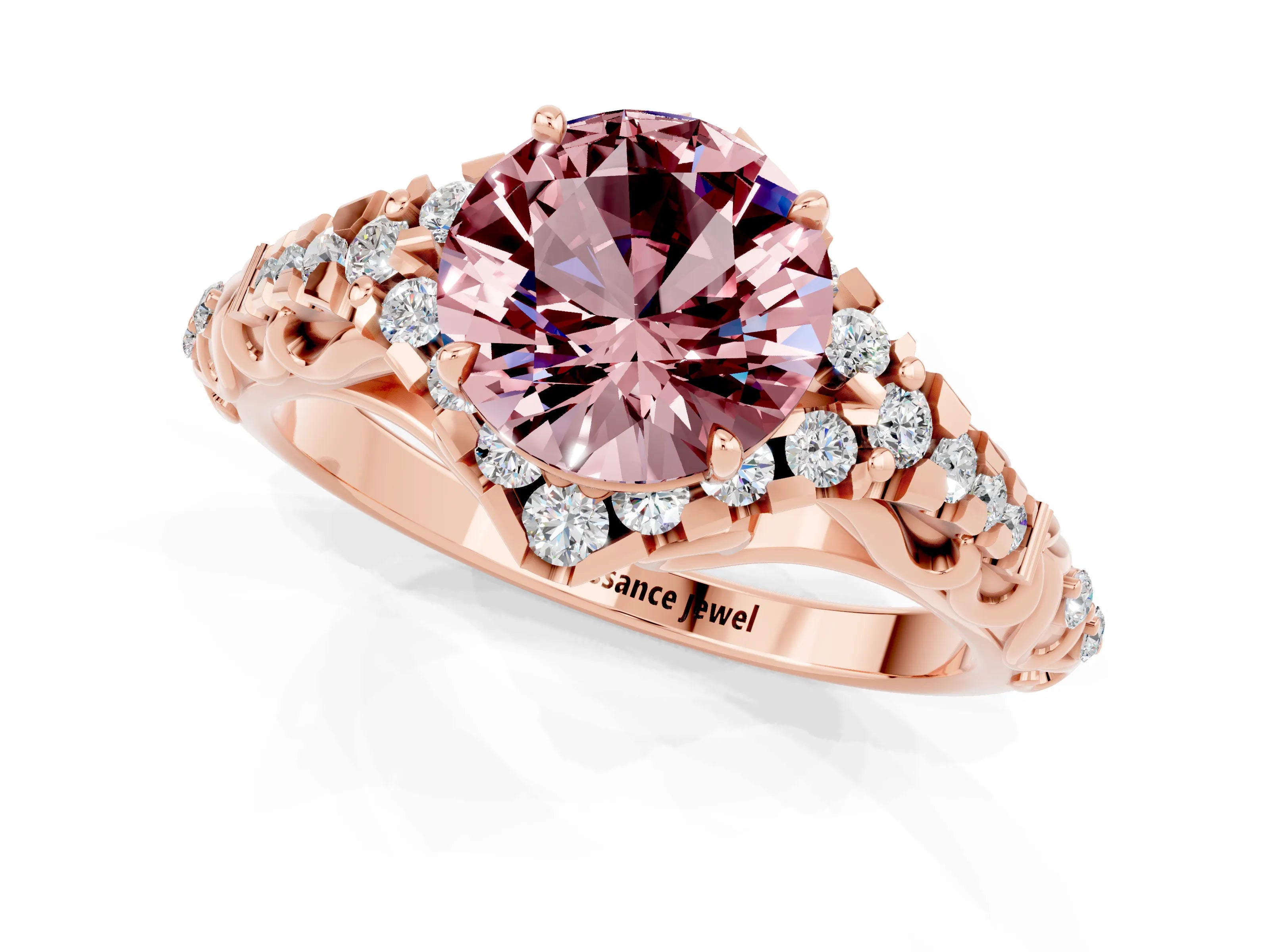 Rose gold Round Cut Morganite Solitaire Ring with Hidden Halo and Pavé Band_13