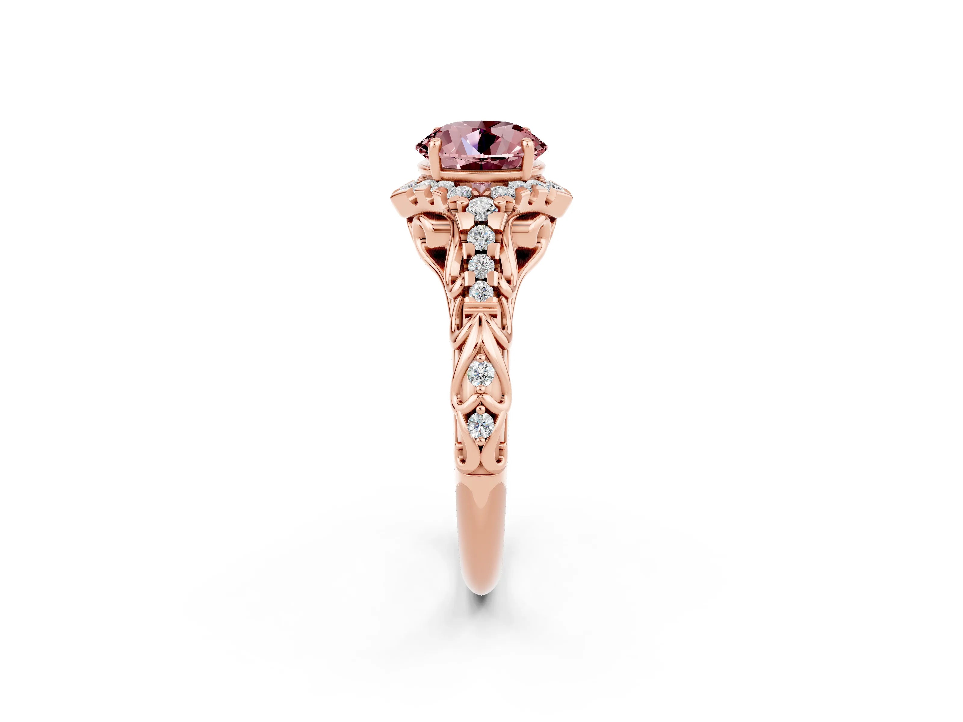 Rose gold Round Cut Morganite Solitaire Ring with Hidden Halo and Pavé Band_14