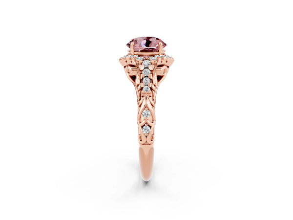 Rose gold Round Cut Morganite Solitaire Ring with Hidden Halo and Pavé Band