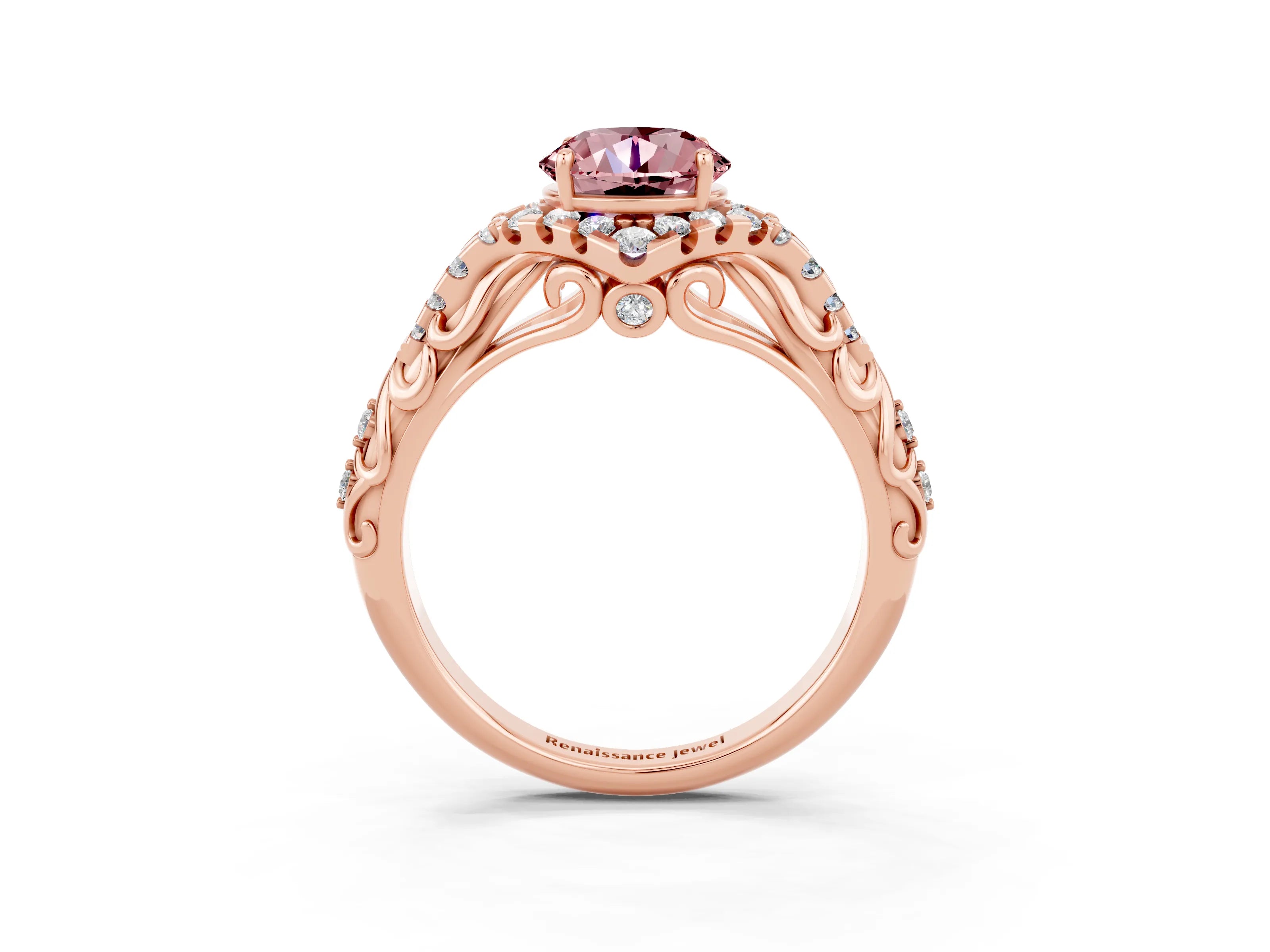 Rose gold Round Cut Morganite Solitaire Ring with Hidden Halo and Pavé Band_15