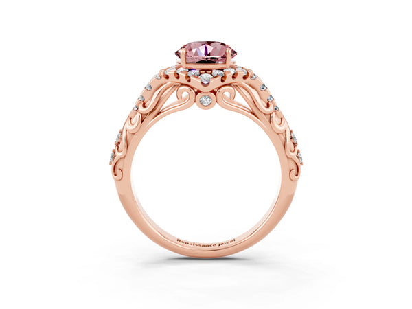 Rose gold Round Cut Morganite Solitaire Ring with Hidden Halo and Pavé Band