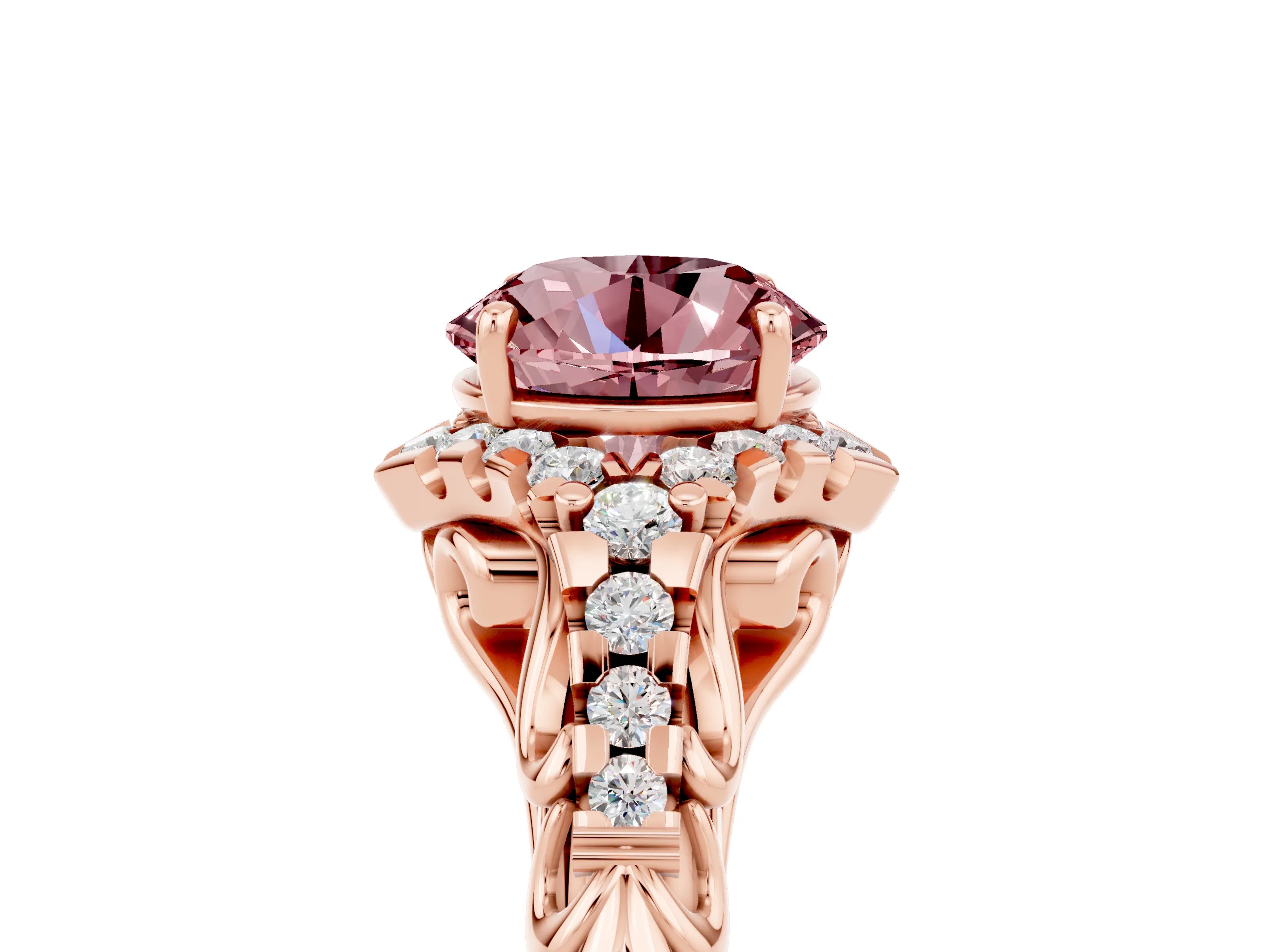 Rose gold Round Cut Morganite Solitaire Ring with Hidden Halo and Pavé Band_17