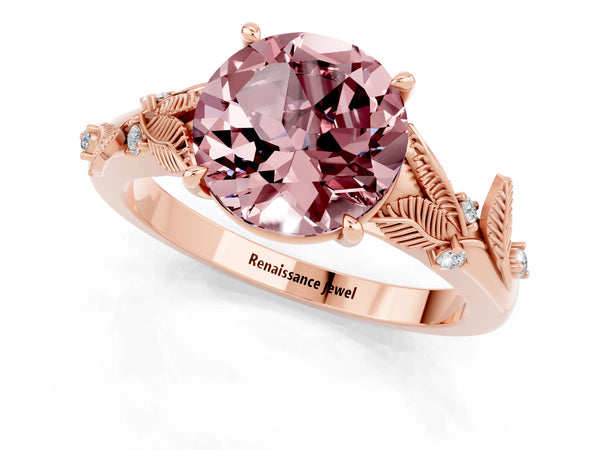 Rose gold Round Cut Morganite Solitaire Ring with Leaf Motif Band and Four-Prong Setting