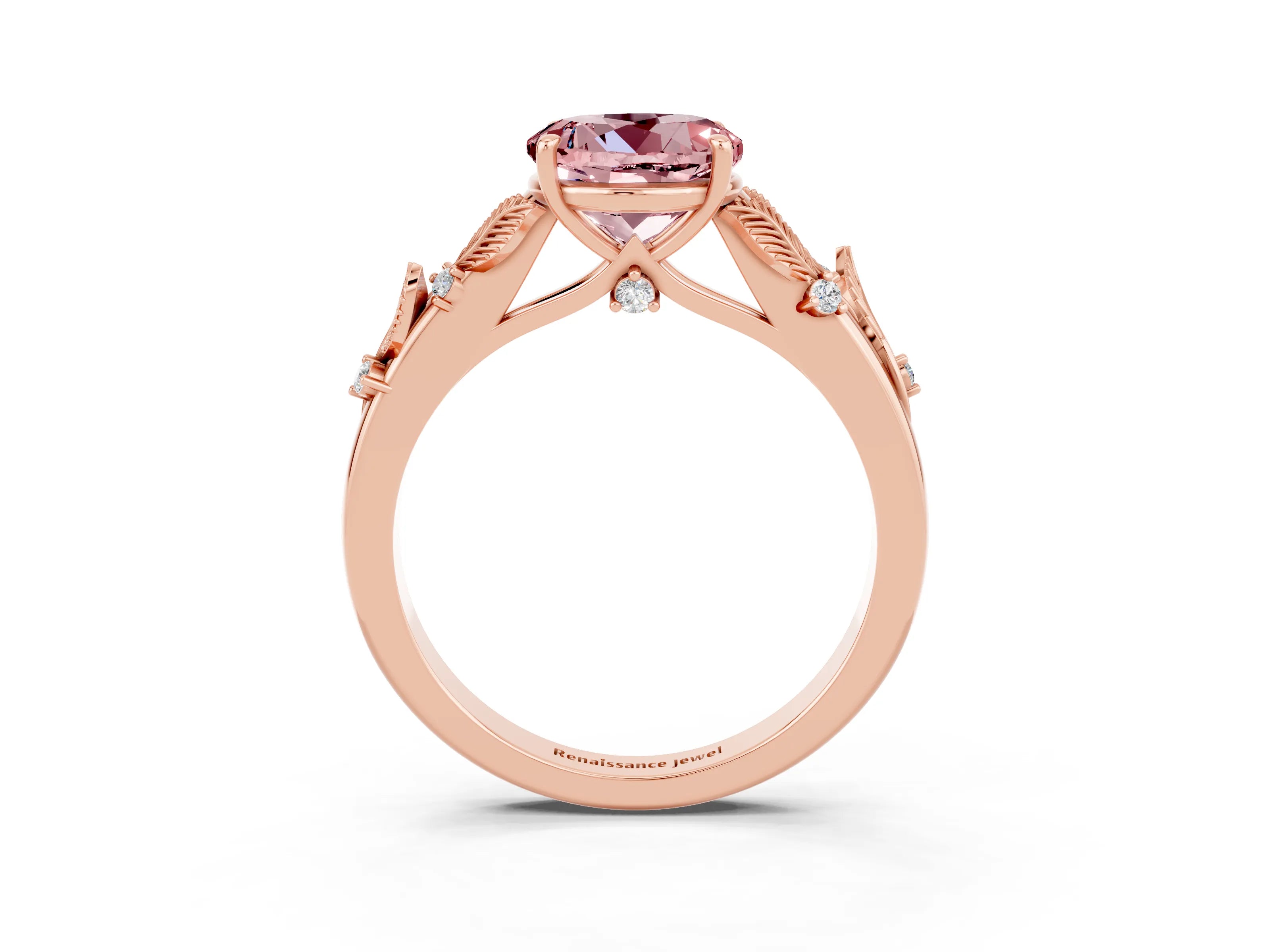 Rose gold Round Cut Morganite Solitaire Ring with Leaf Motif Band and Four-Prong Setting_3