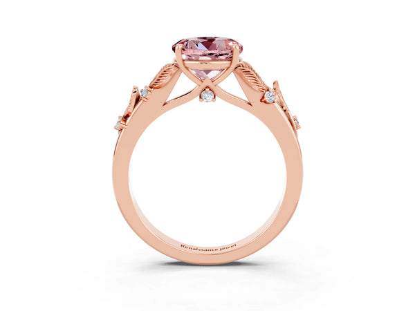 Rose gold Round Cut Morganite Solitaire Ring with Leaf Motif Band and Four-Prong Setting
