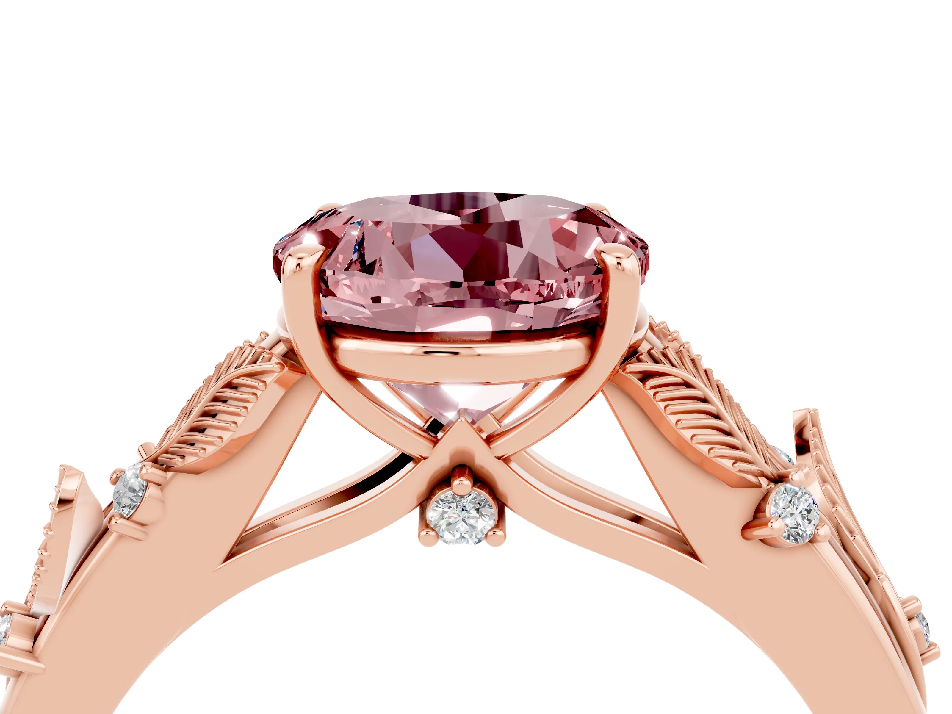 Rose gold Round Cut Morganite Solitaire Ring with Leaf Motif Band and Four-Prong Setting_4