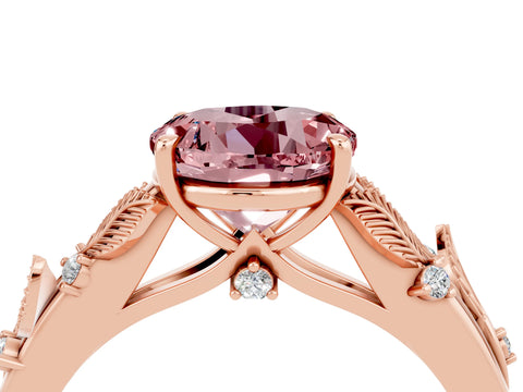 Rose gold Round Cut Morganite Solitaire Ring with Leaf Motif Band and Four-Prong Setting_4