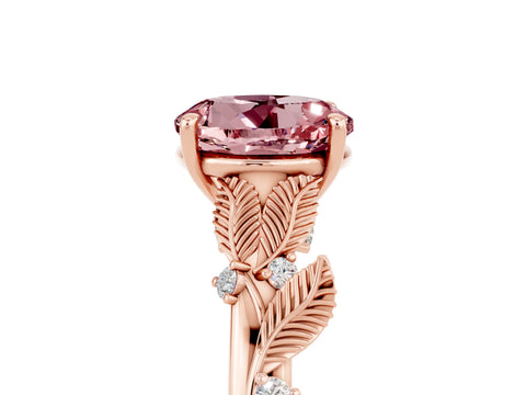 Rose gold Round Cut Morganite Solitaire Ring with Leaf Motif Band and Four-Prong Setting_5