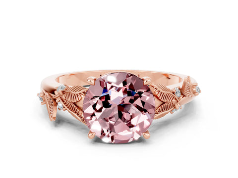Rose gold Round Cut Morganite Solitaire Ring with Leaf Motif Band and Four-Prong Setting
