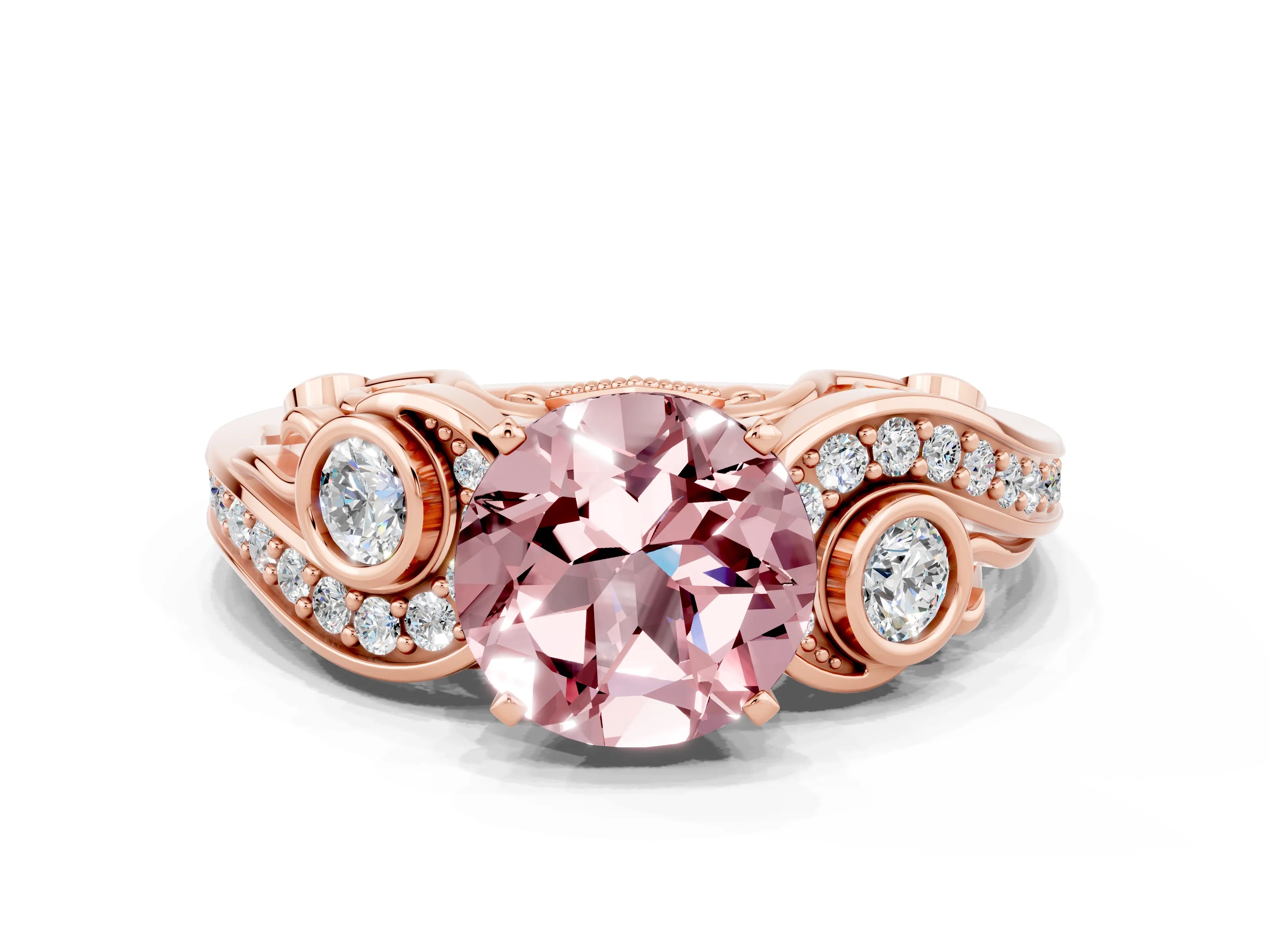 Rose gold Round Cut Morganite Solitaire Ring with Milgrain Pavé Band and Four-Prong Setting_24