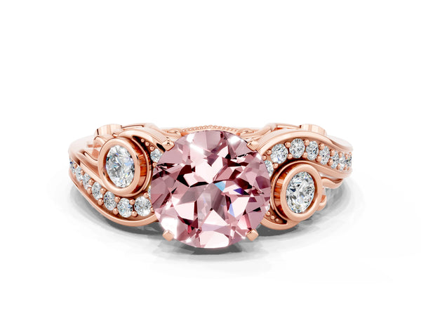 Rose gold Round Cut Morganite Solitaire Ring with Milgrain Pavé Band and Four-Prong Setting