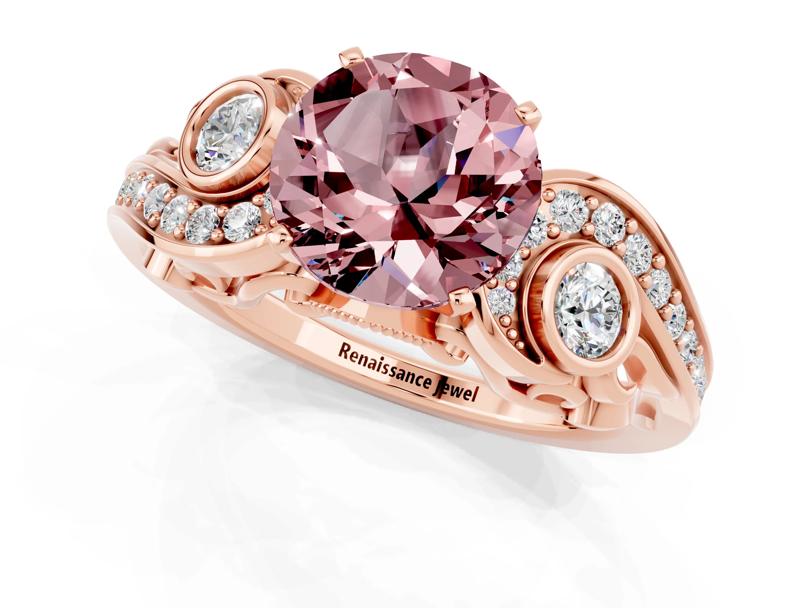 Rose gold Round Cut Morganite Solitaire Ring with Milgrain Pavé Band and Four-Prong Setting_25