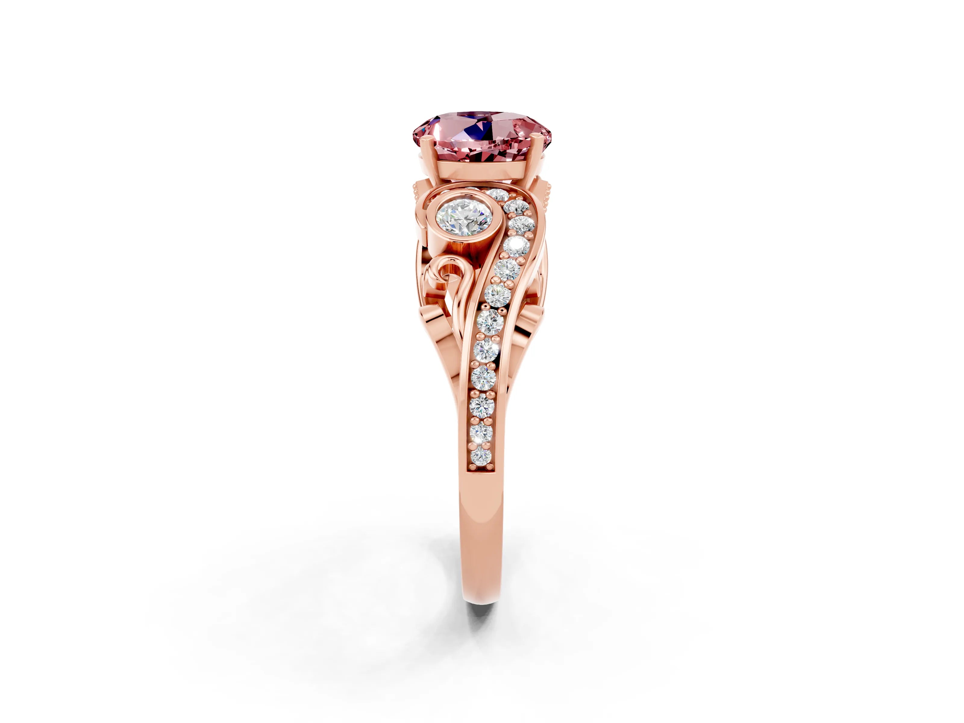 Rose gold Round Cut Morganite Solitaire Ring with Milgrain Pavé Band and Four-Prong Setting_26