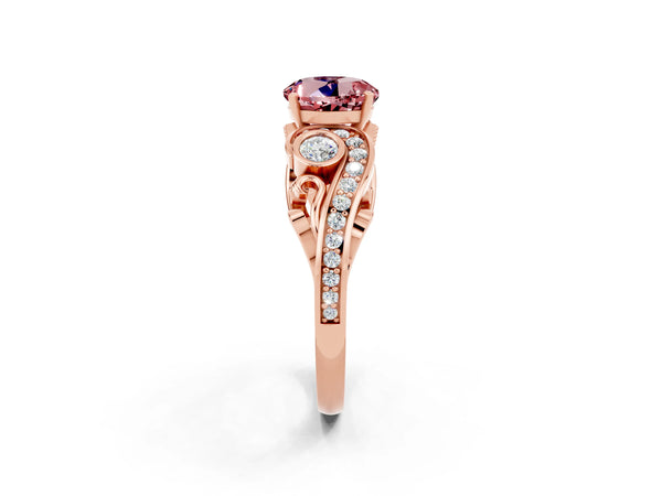 Rose gold Round Cut Morganite Solitaire Ring with Milgrain Pavé Band and Four-Prong Setting