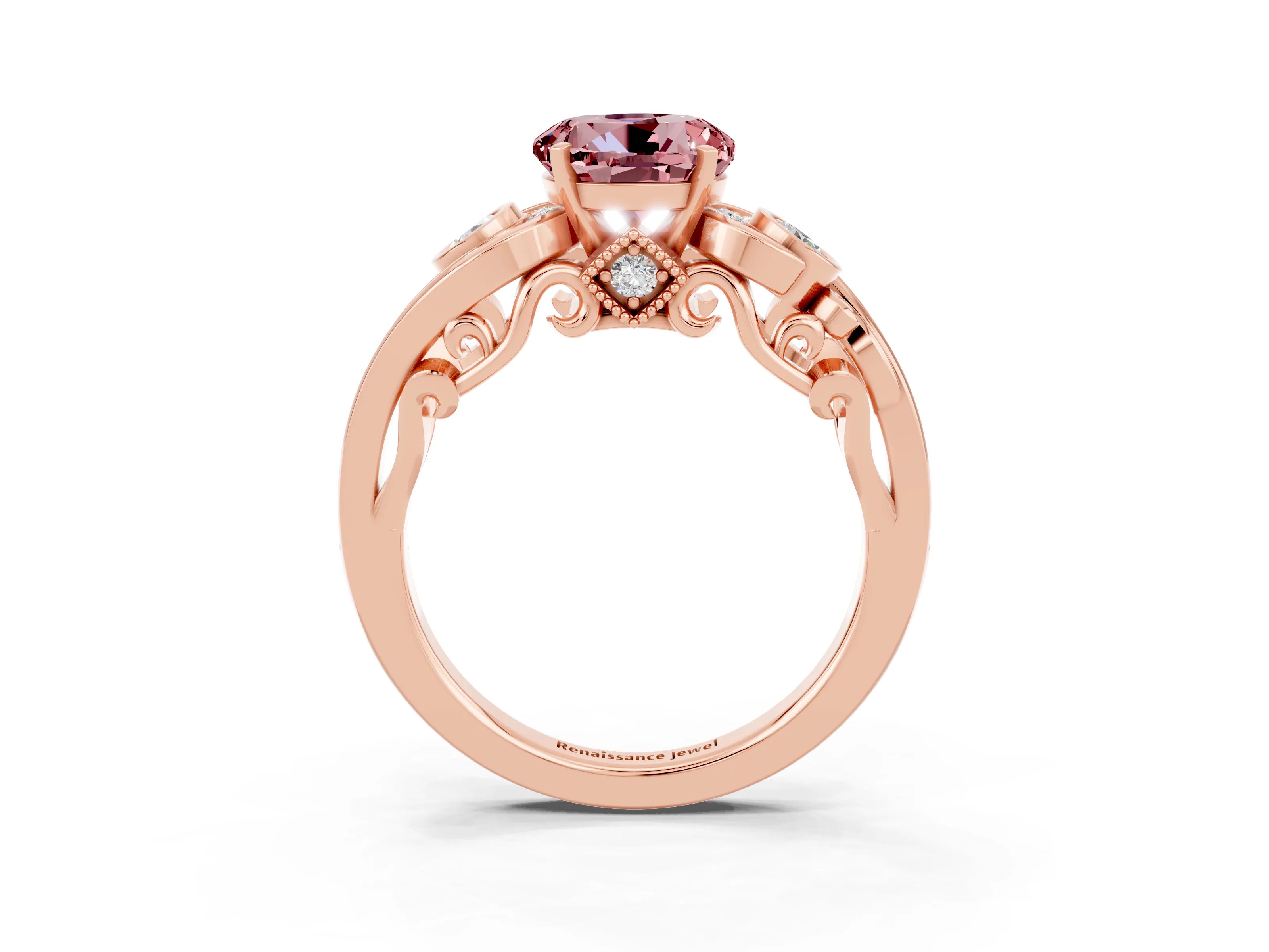 Rose gold Round Cut Morganite Solitaire Ring with Milgrain Pavé Band and Four-Prong Setting_27