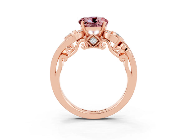 Rose gold Round Cut Morganite Solitaire Ring with Milgrain Pavé Band and Four-Prong Setting
