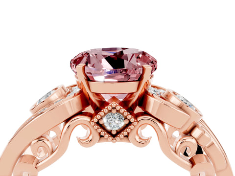 Rose gold Round Cut Morganite Solitaire Ring with Milgrain Pavé Band and Four-Prong Setting_28