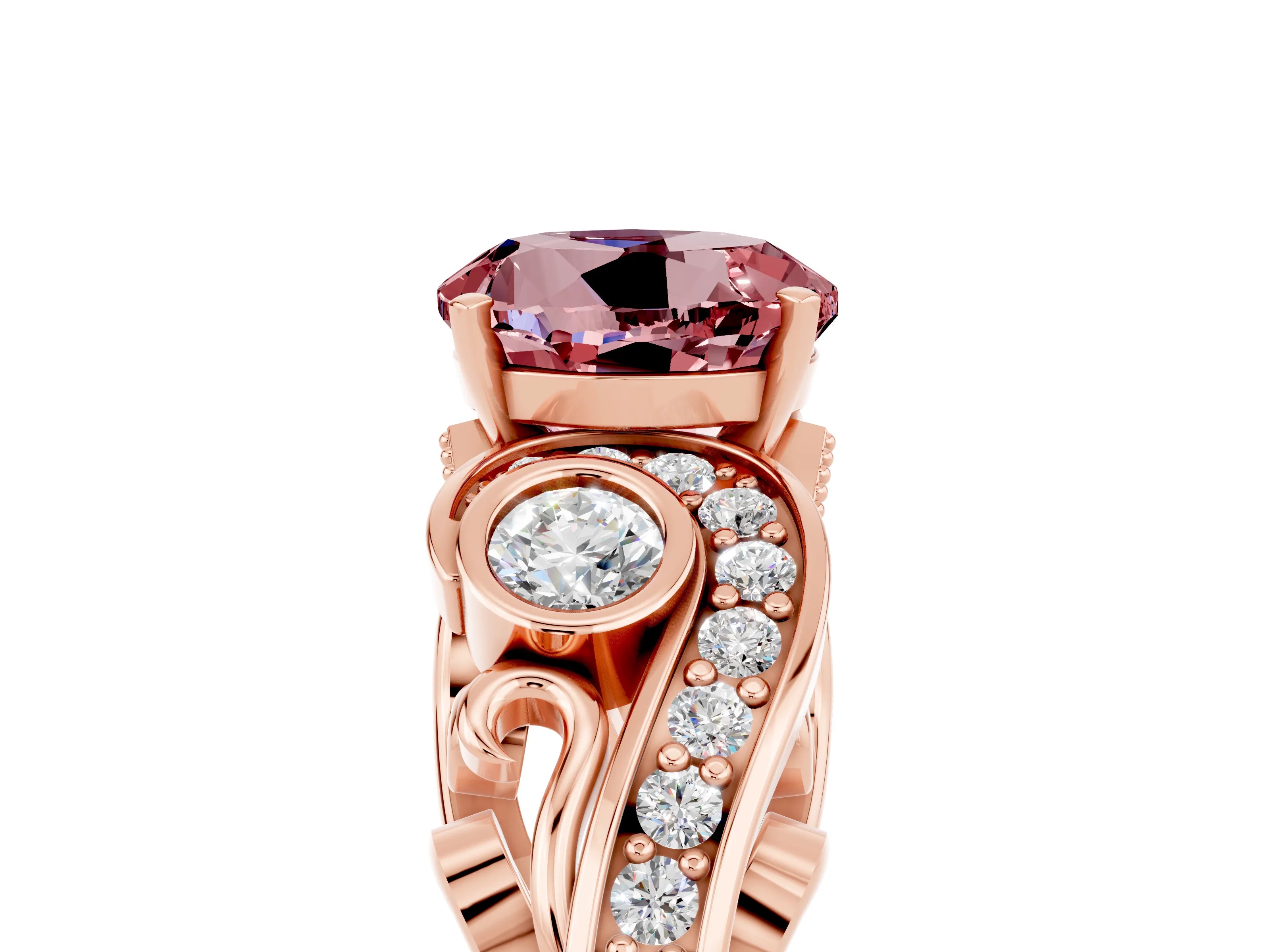Rose gold Round Cut Morganite Solitaire Ring with Milgrain Pavé Band and Four-Prong Setting_29