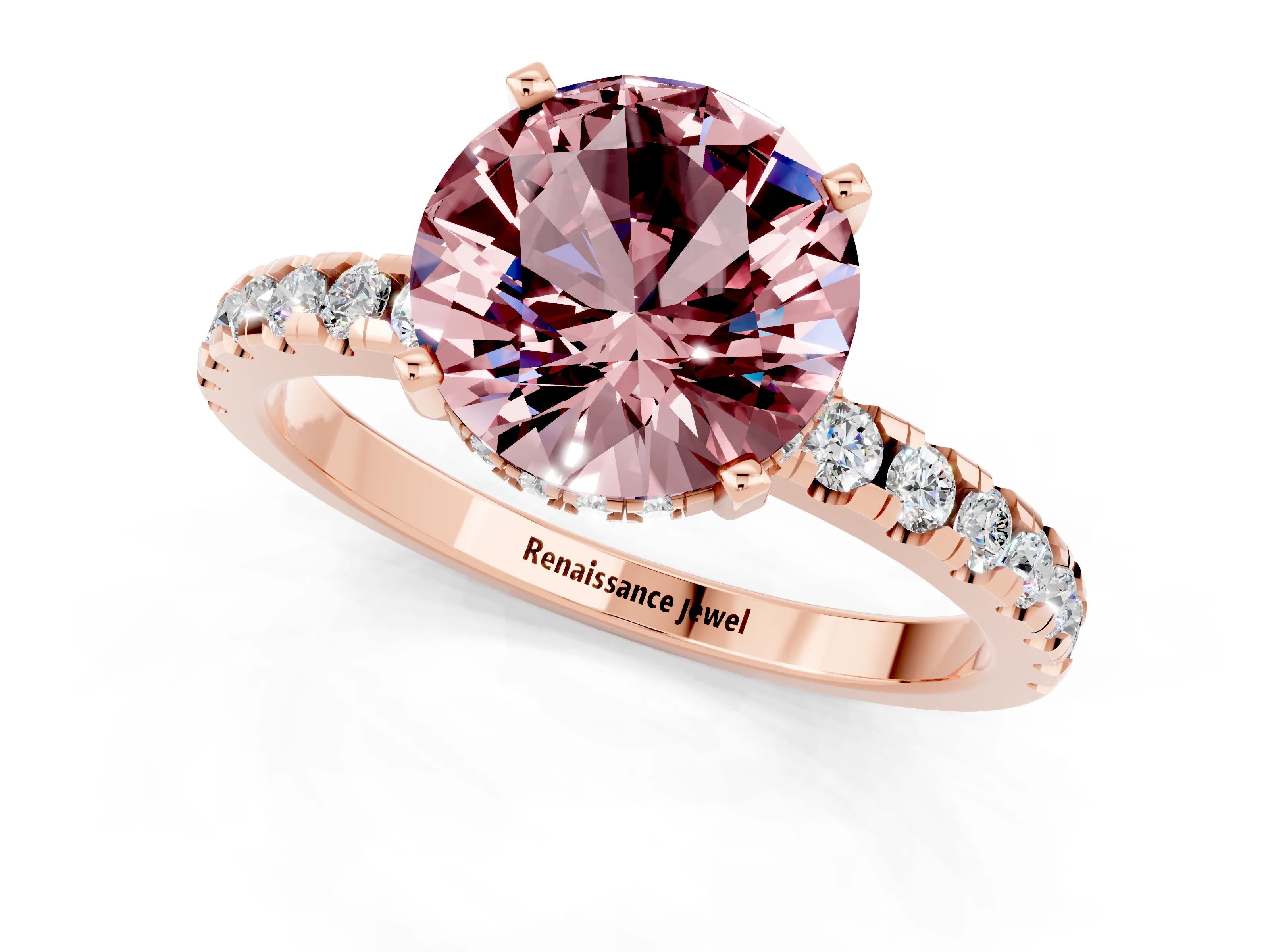 Rose gold Round Cut Morganite Solitaire Ring with Pavé Band and Four-Prong Setting_25