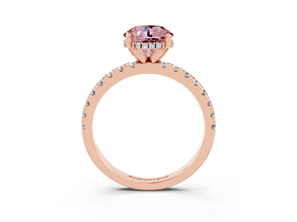 Rose gold Round Cut Morganite Solitaire Ring with Round  Pavé Band and Four-Prong Setting