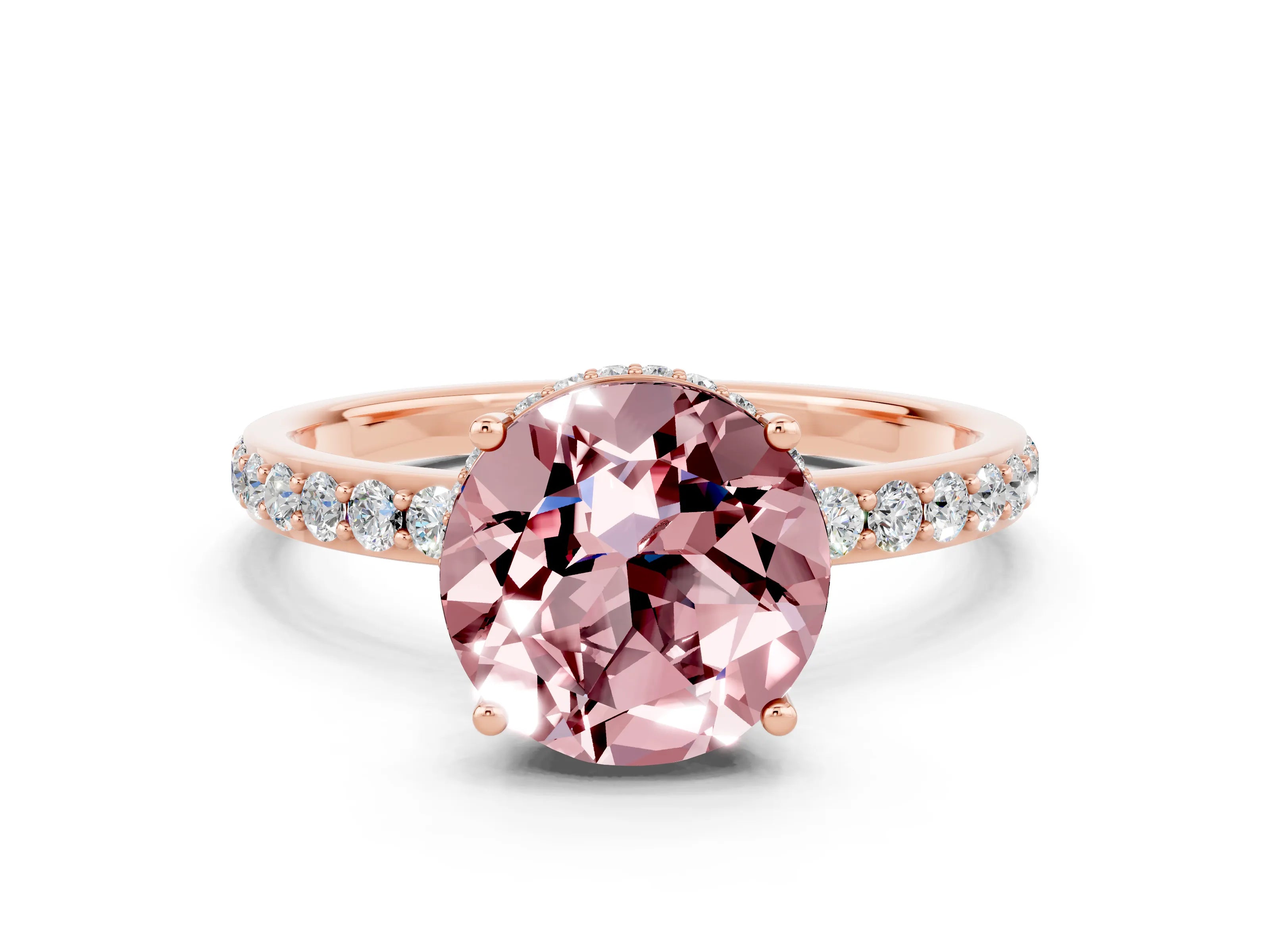 Rose gold Round Cut Morganite Solitaire Ring with Pavé Band and Hidden Halo_12