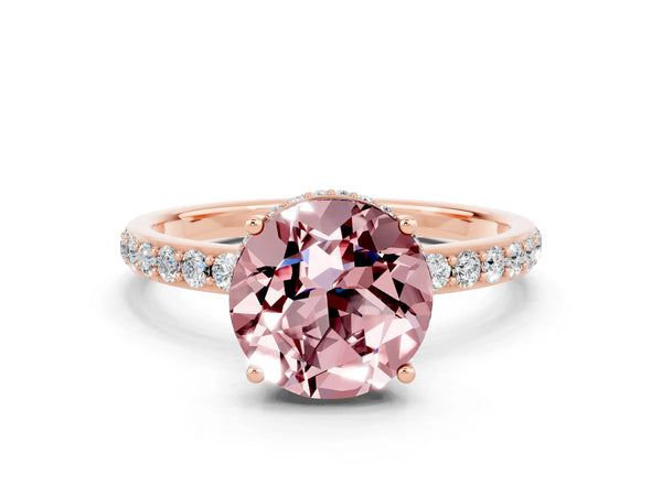 Rose gold Round Cut Morganite Solitaire Ring with Pavé Band and Hidden Halo
