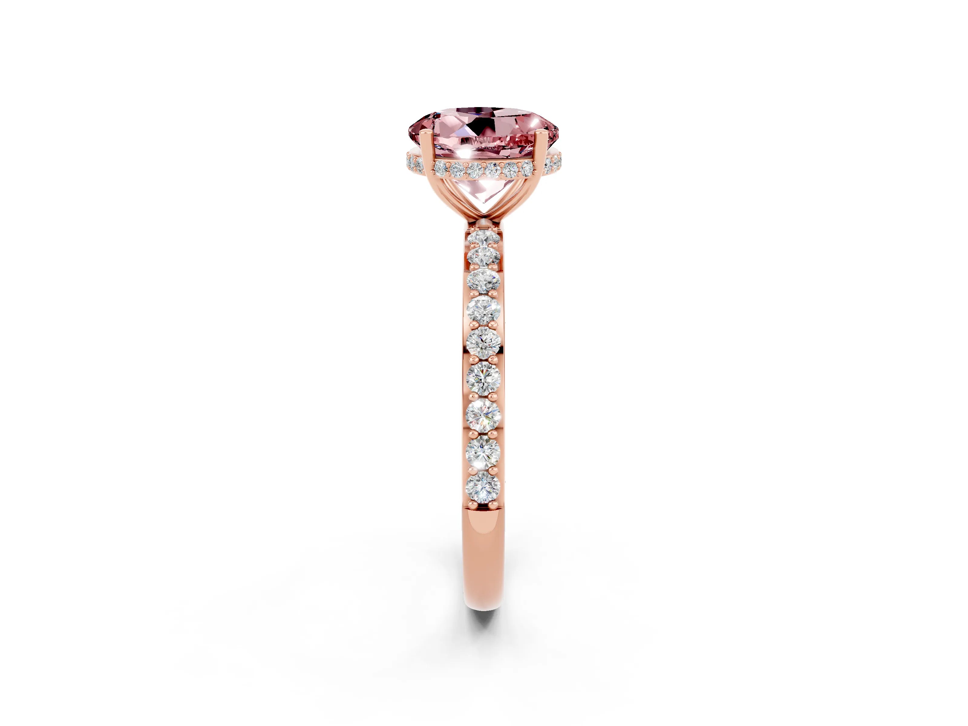 Rose gold Round Cut Morganite Solitaire Ring with Pavé Band and Hidden Halo_14