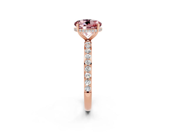 Rose gold Round Cut Morganite Solitaire Ring with Pavé Band and Hidden Halo