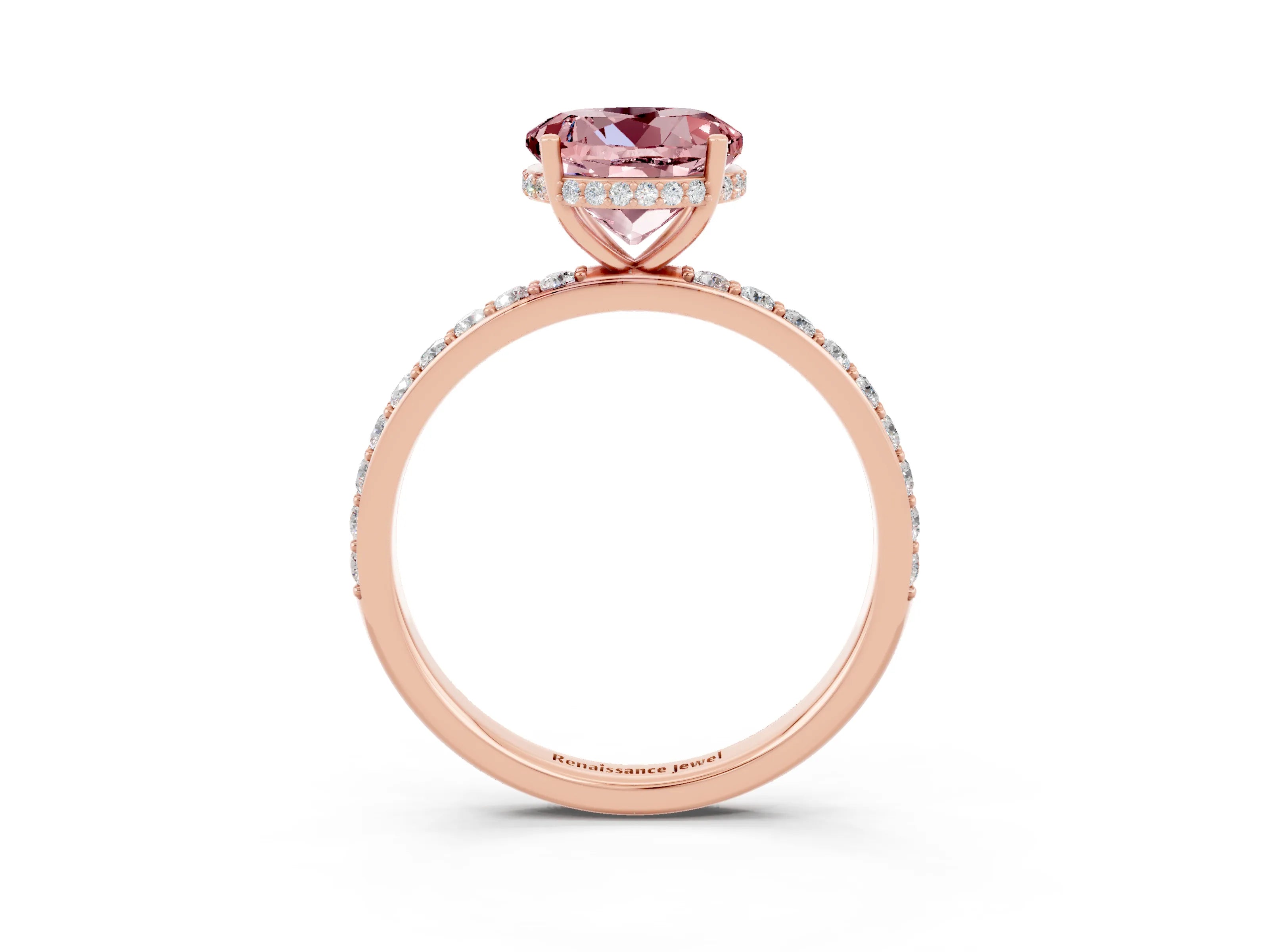 Rose gold Round Cut Morganite Solitaire Ring with Pavé Band and Hidden Halo_15