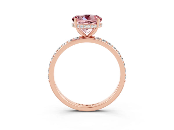 Rose gold Round Cut Morganite Solitaire Ring with Pavé Band and Hidden Halo