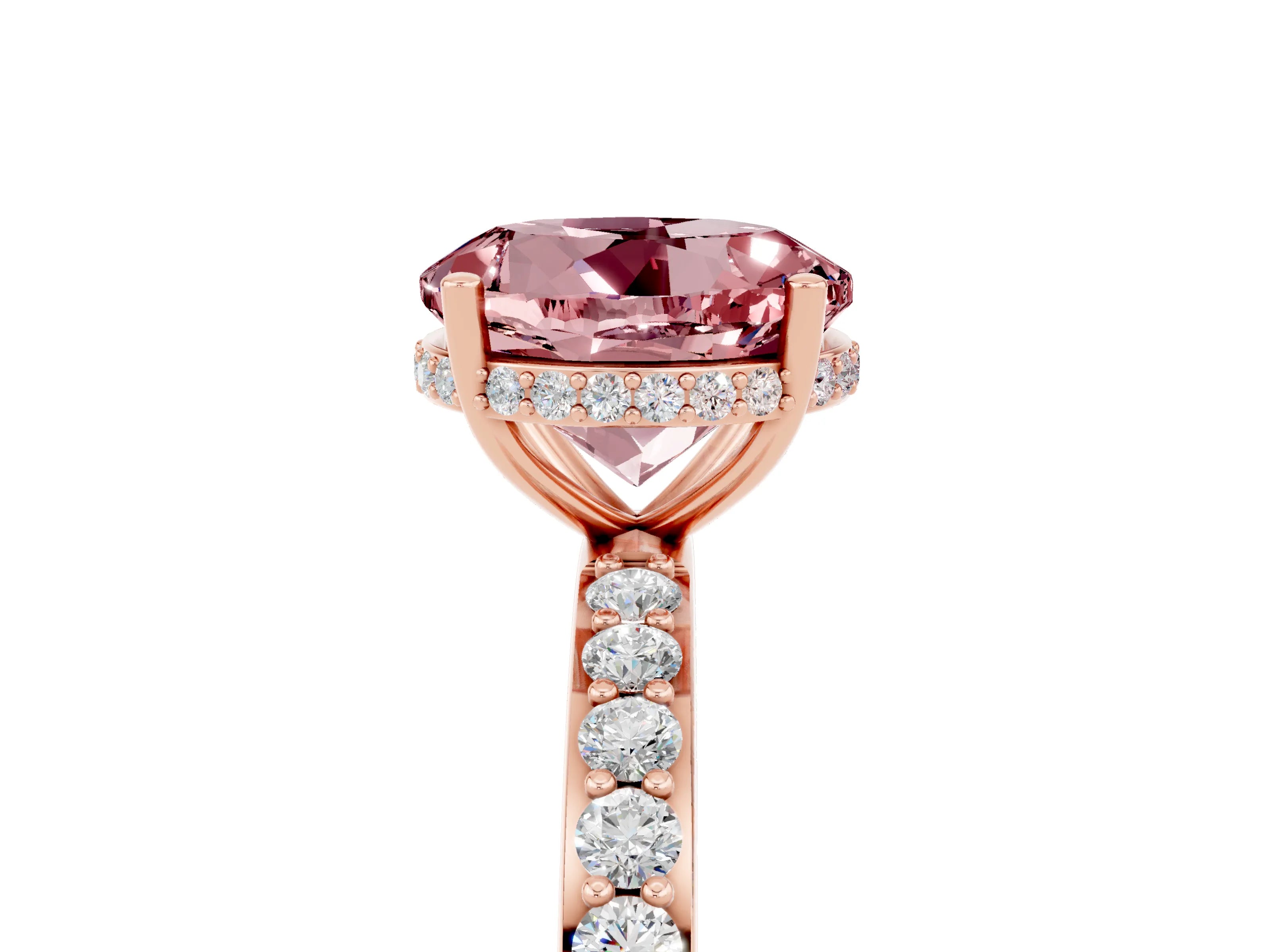 Rose gold Round Cut Morganite Solitaire Ring with Pavé Band and Hidden Halo_17