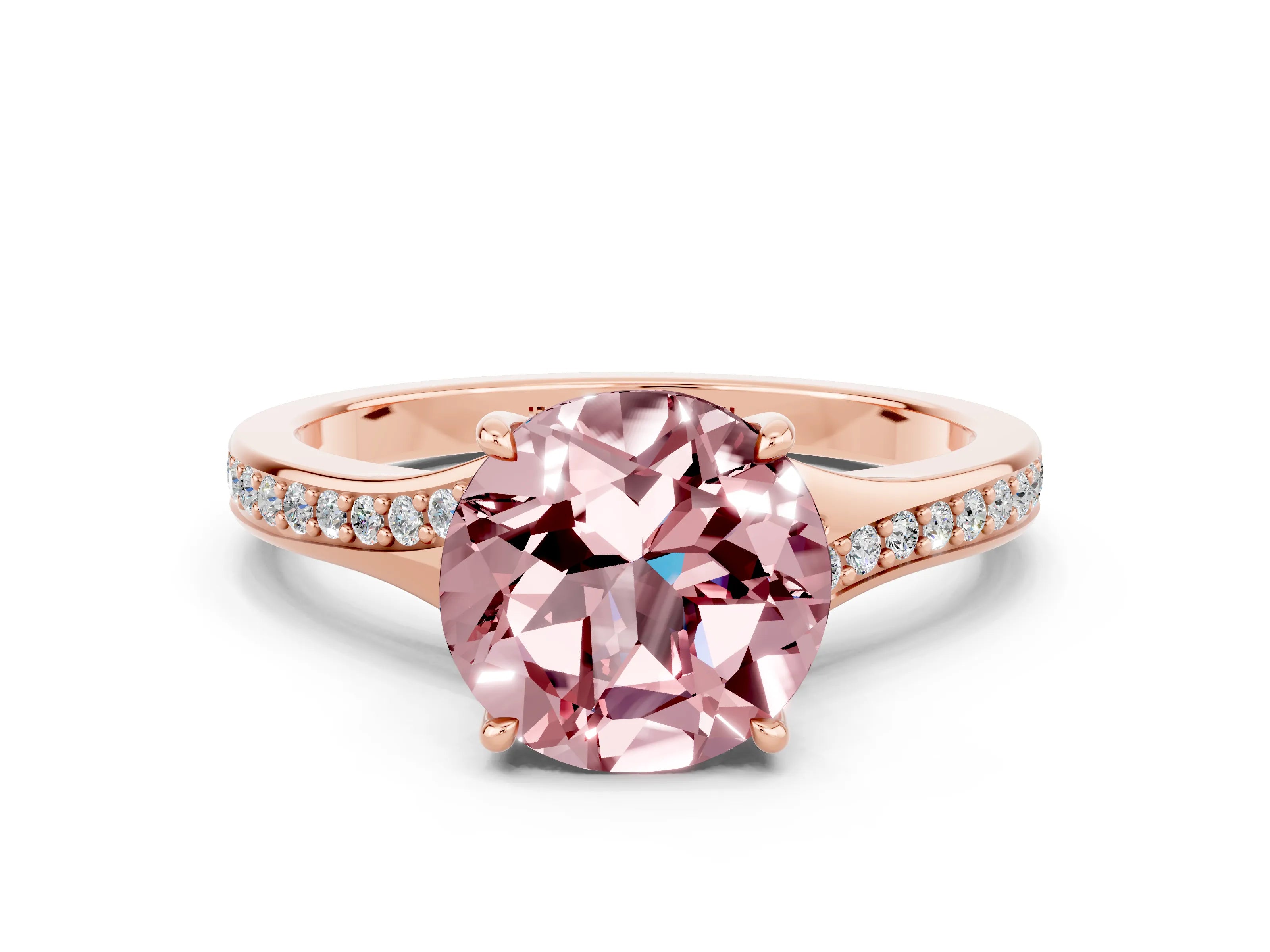 Rose gold Round Cut Morganite Solitaire Ring with Pavé Band and Prong Setting
