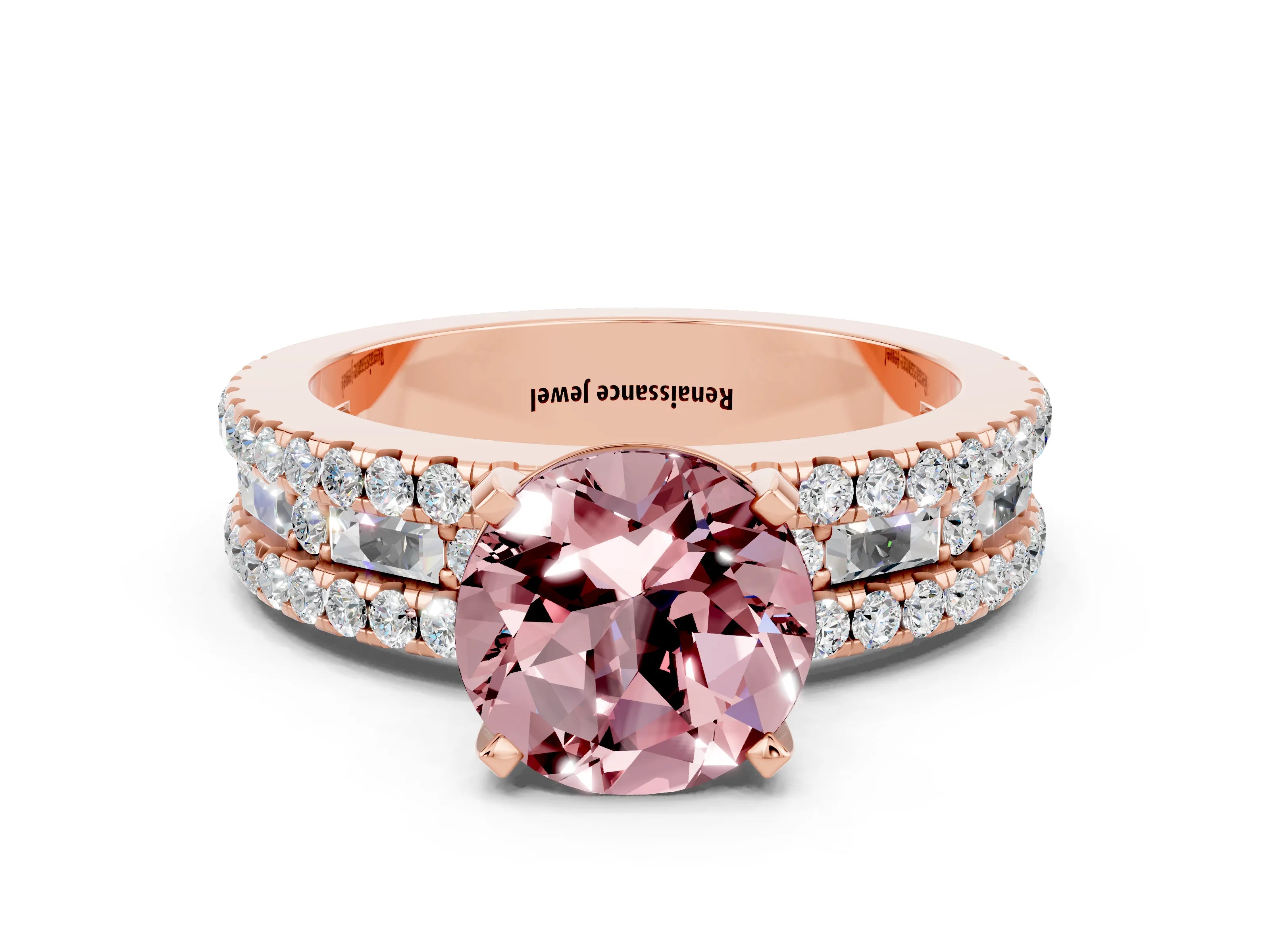 Rose gold Round Cut Morganite Solitaire Ring with Pavé and Channel Set Band