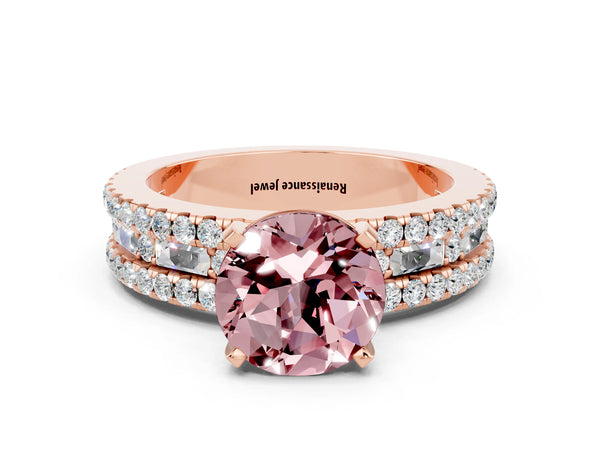 Rose gold Round Cut Morganite Solitaire Ring with Pavé and Channel Set Band