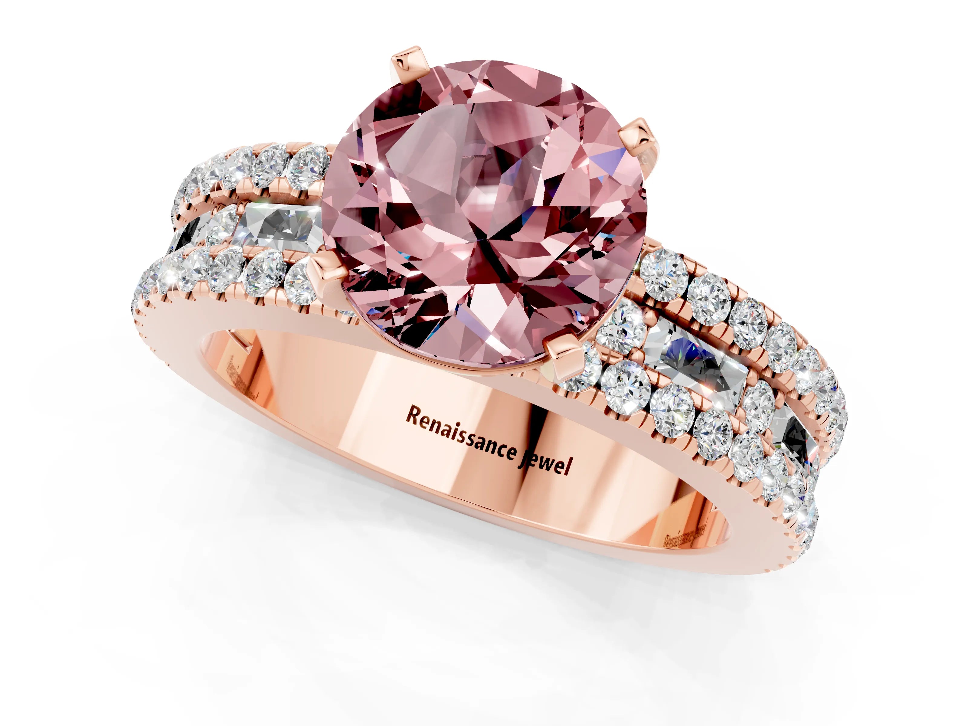 Rose gold Round Cut Morganite Solitaire Ring with Pavé and Channel Set Band_1