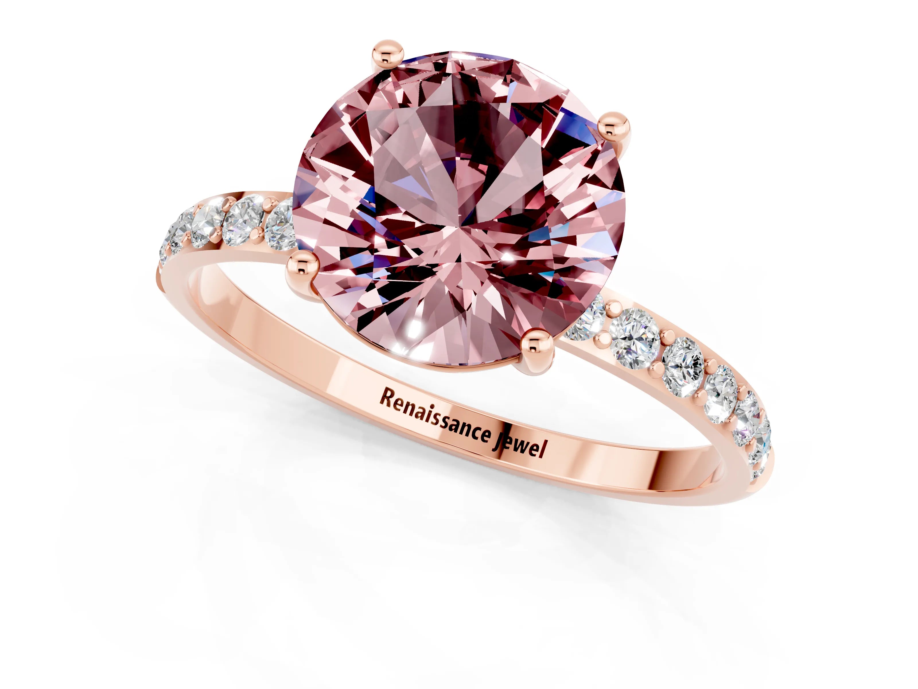 Rose gold Round Cut Morganite Solitaire Ring with Pave Band and Four Prong Setting_25