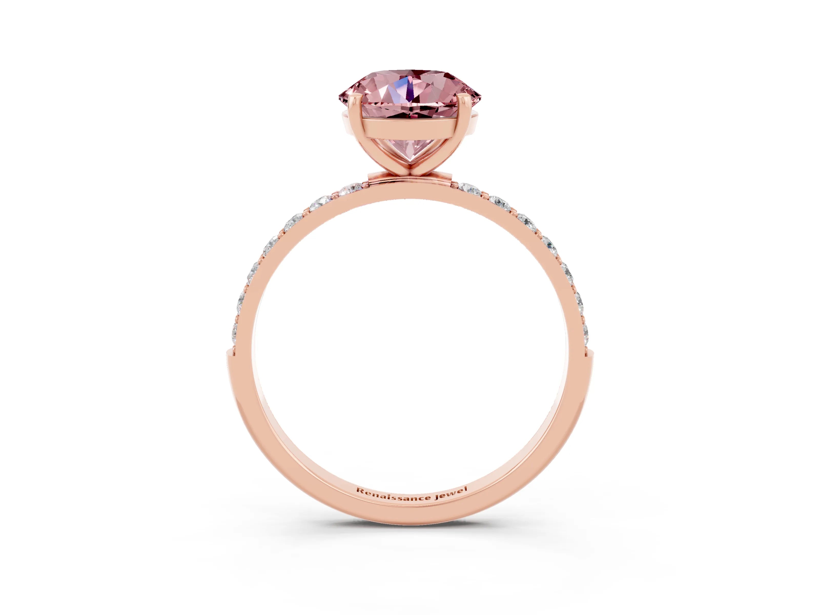 Rose gold Round Cut Morganite Solitaire Ring with Pave Band and Four Prong Setting_27
