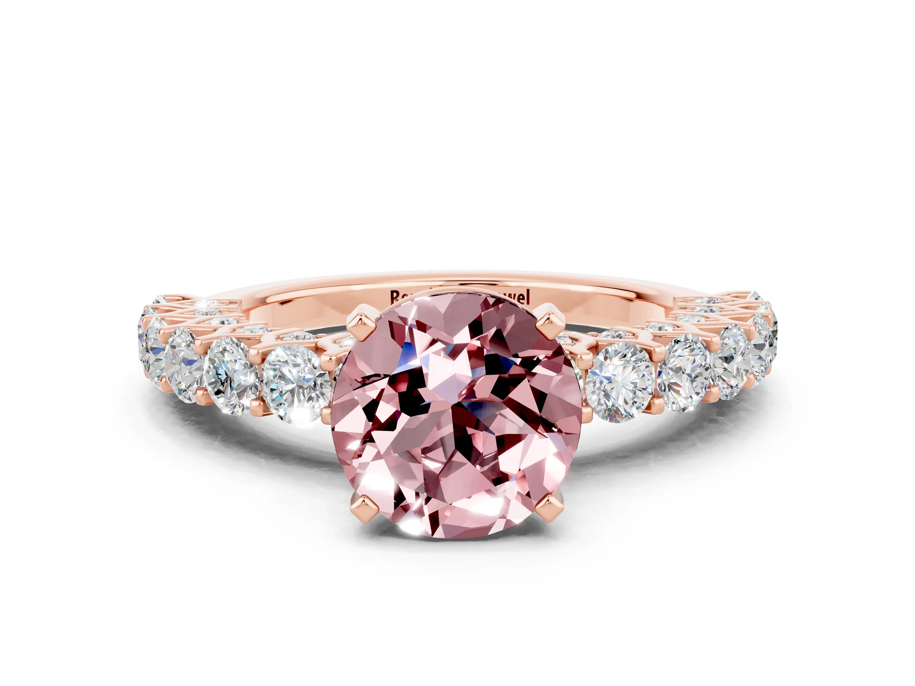 Rose gold Round Cut Morganite Solitaire Ring with Shared Prong Pavé Band and Four-Prong Setting