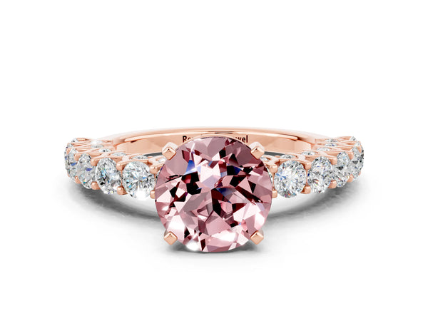 Rose gold Round Cut Morganite Solitaire Ring with Shared Prong Pavé Band and Four-Prong Setting