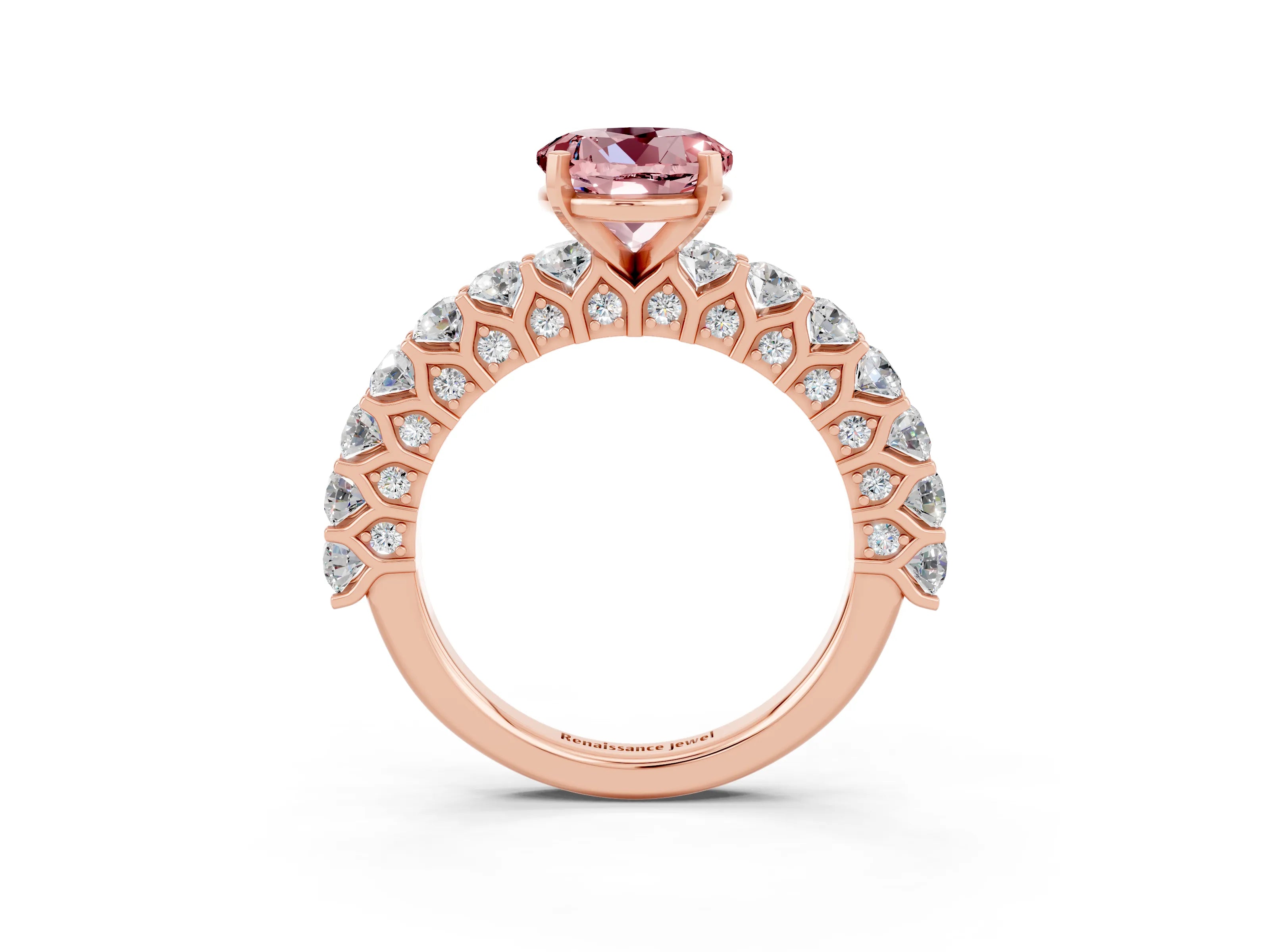 Rose gold Round Cut Morganite Solitaire Ring with Shared Prong Pavé Band and Four-Prong Setting_3