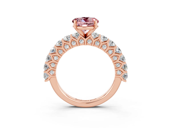 Rose gold Round Cut Morganite Solitaire Ring with Shared Prong Pavé Band and Four-Prong Setting