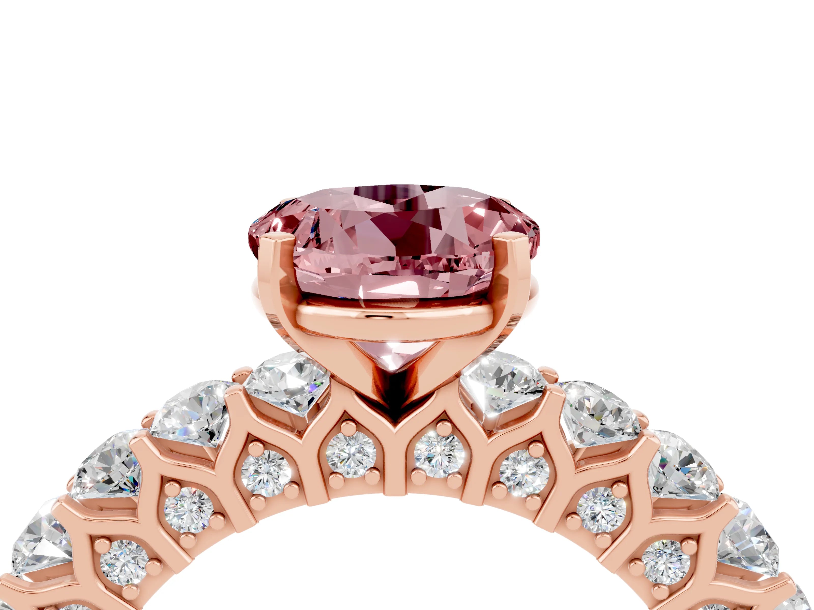 Rose gold Round Cut Morganite Solitaire Ring with Shared Prong Pavé Band and Four-Prong Setting_4
