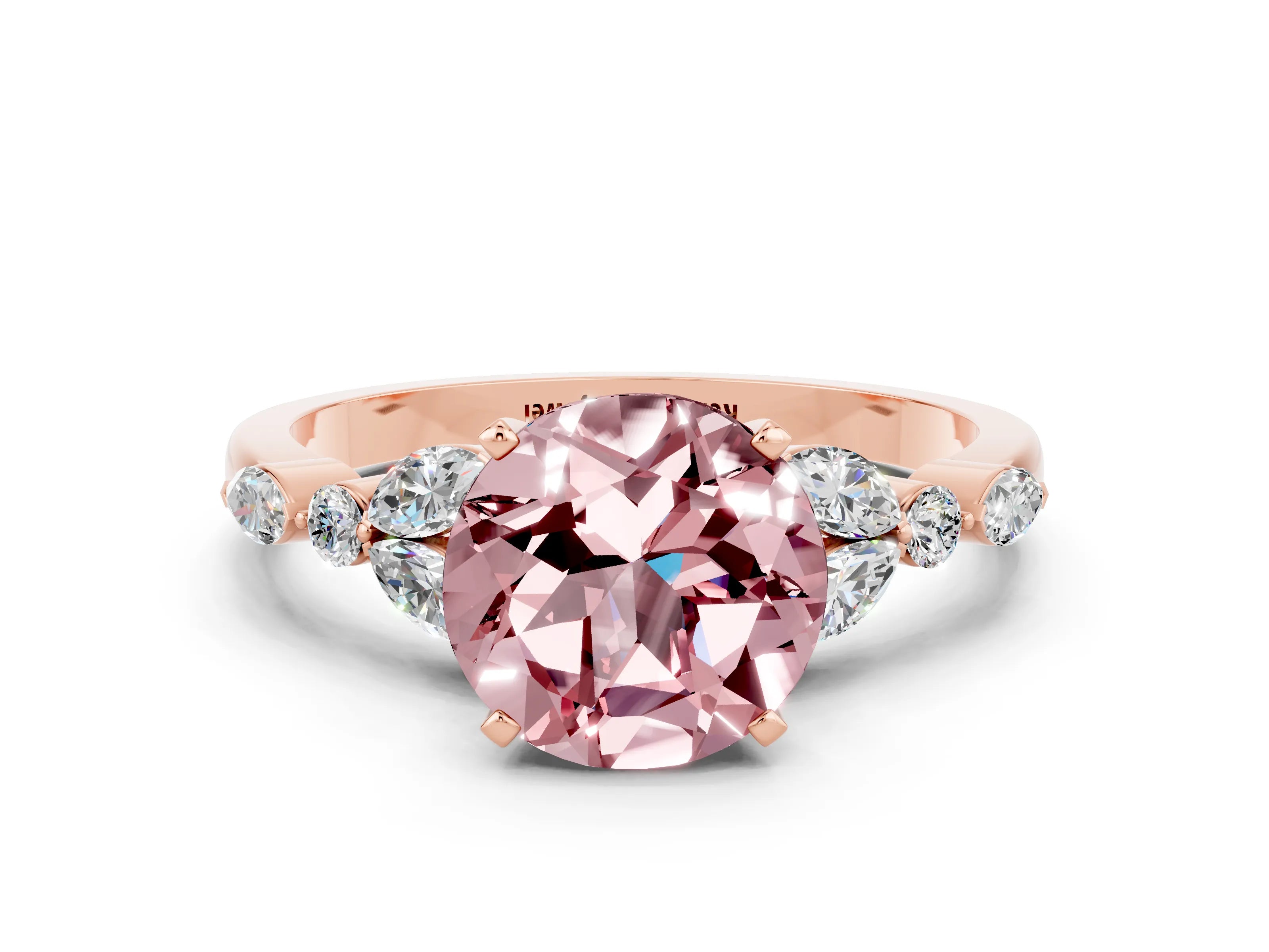Rose gold Round Cut Morganite Solitaire Ring with Side Stones and Four-Prong Setting_12