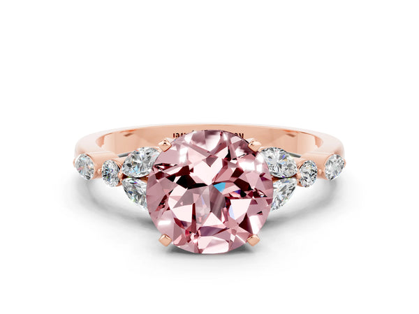 Rose gold Round Cut Morganite Solitaire Ring with Side Stones and Four-Prong Setting