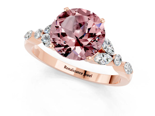 Rose gold Round Cut Morganite Solitaire Ring with Side Stones and Four-Prong Setting