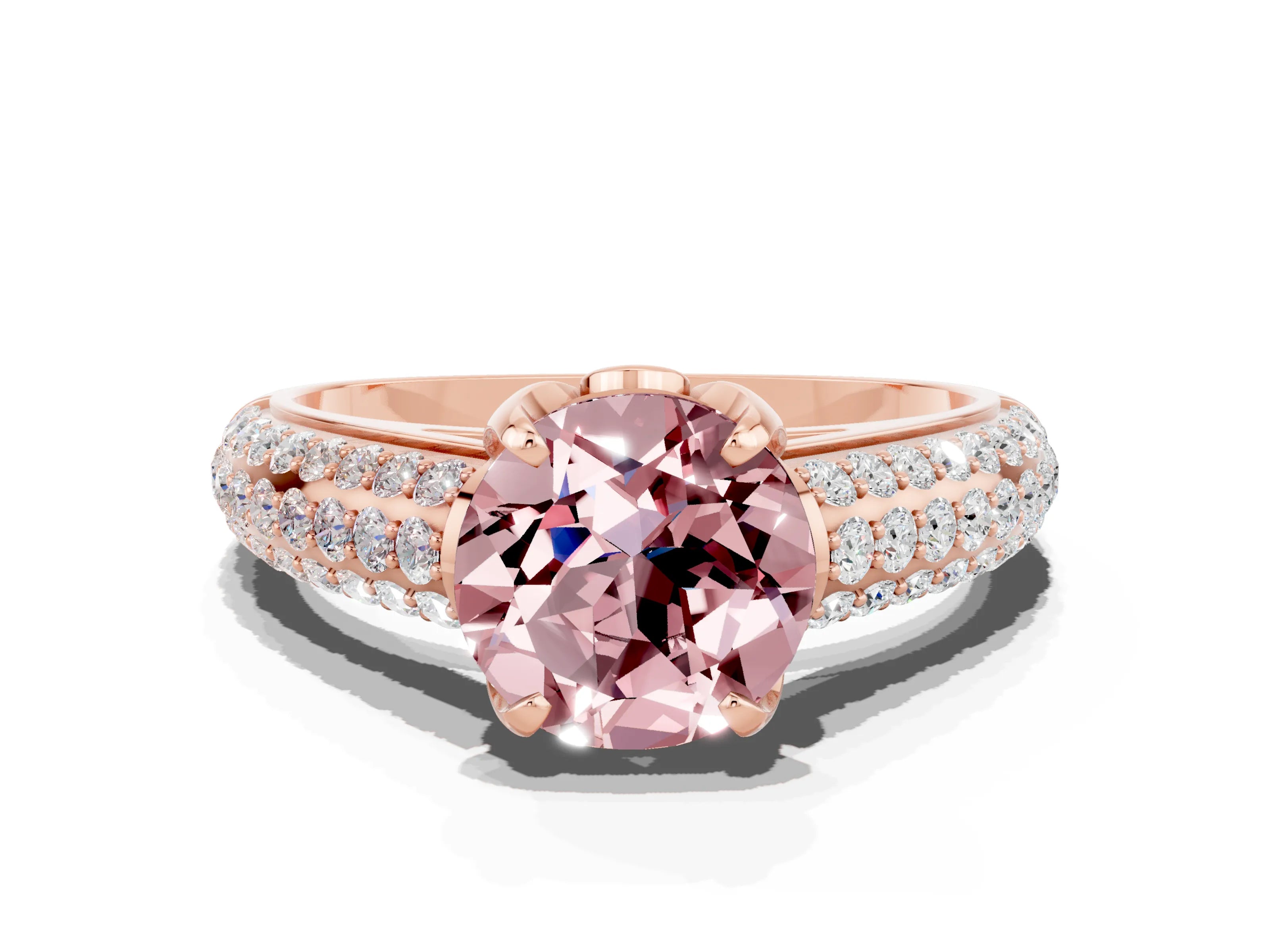 Rose gold Round Cut Morganite Solitaire Ring with Three-Row Pavé Band and Four-Prong Setting_12