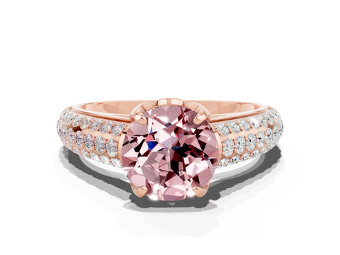 Rose gold Round Cut Morganite Solitaire Ring with Three-Row Pavé Band and Four-Prong Setting_12