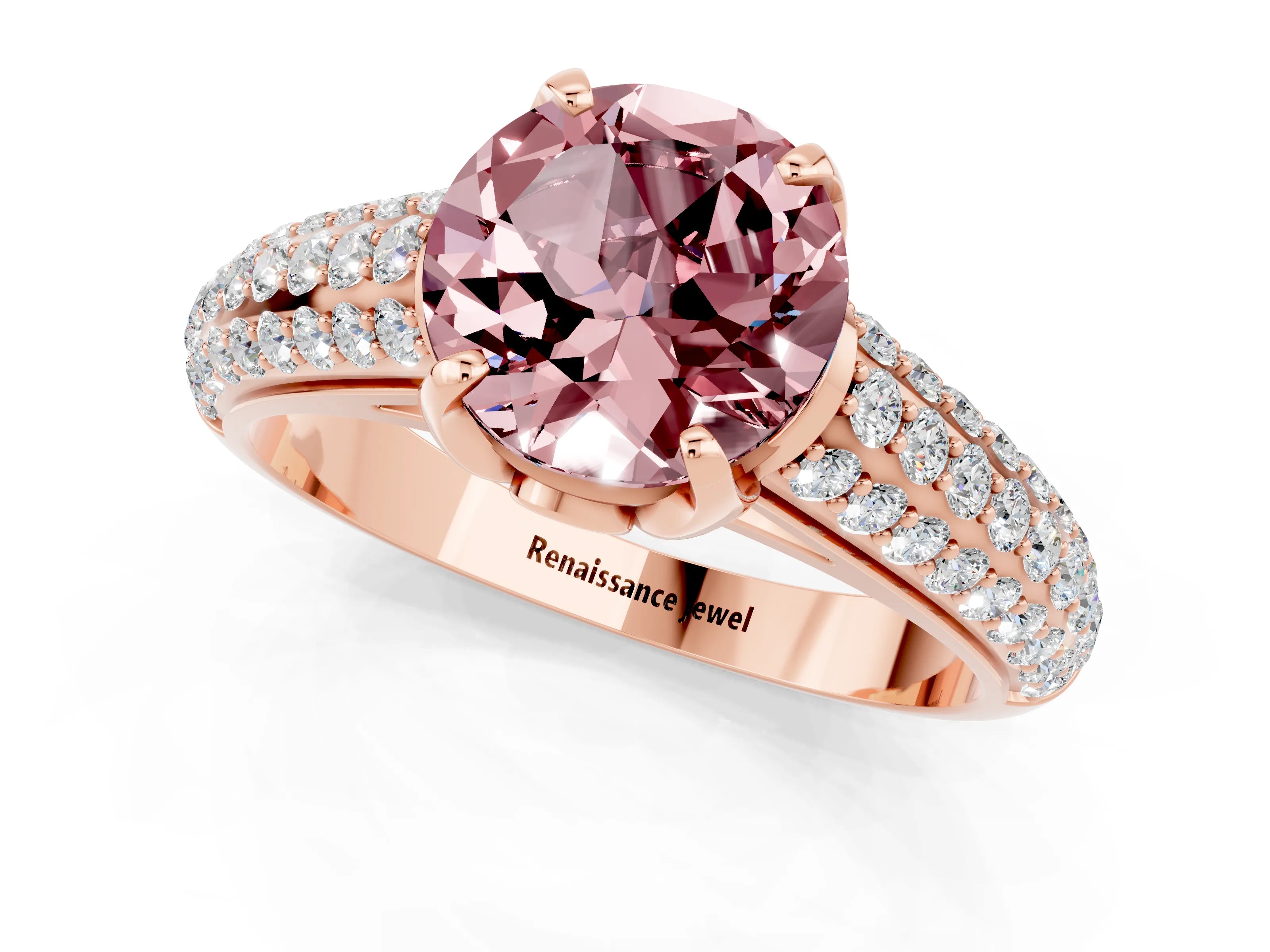 Rose gold Round Cut Morganite Solitaire Ring with Three-Row Pavé Band and Four-Prong Setting_13