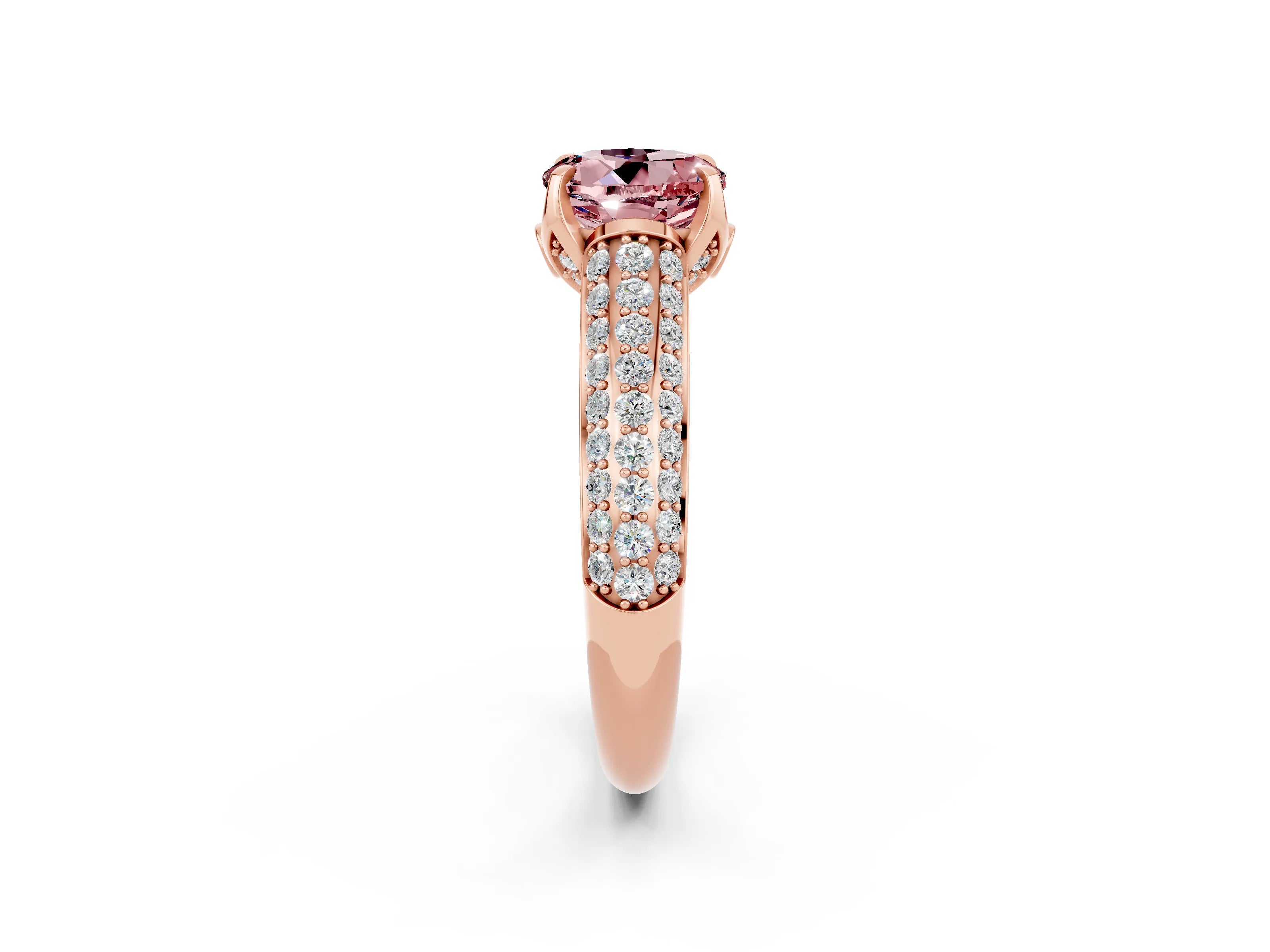 Rose gold Round Cut Morganite Solitaire Ring with Three-Row Pavé Band and Four-Prong Setting_14